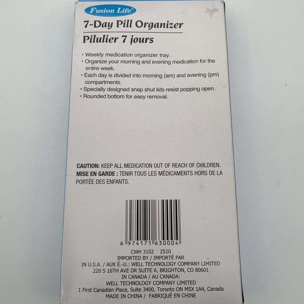 Fusion Life 7 Day Pill Organizer Weekly Medication Tray AM PM - NEW IN BOX